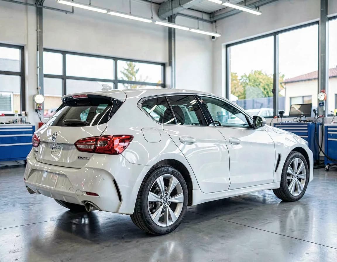 Freshly repaired car with glossy paint in an auto body shop