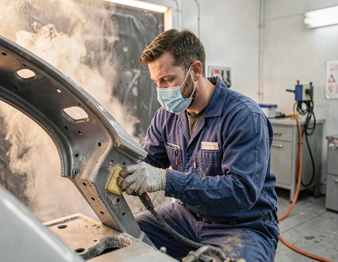 Auto body technician prepping a car panel in a spray booth